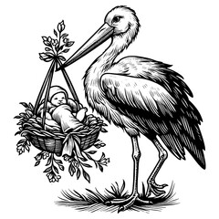 stork carrying a newborn baby, depicting the classic myth of stork delivery sketch engraving generative ai fictional character PNG illustration. Scratch board imitation. Black and white image.