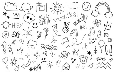 Big set of cartoon doodle hand drawn elements. Line art. Crowns, hearts, stars, flowers, sparkles, arrows, lightnings, rainbow, signs and other funny design elements іsolated on white background.