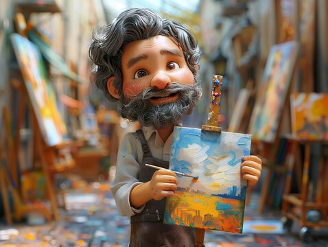 3D cartoon handsome bearded painter with a masterpiece, vibrant art studio background