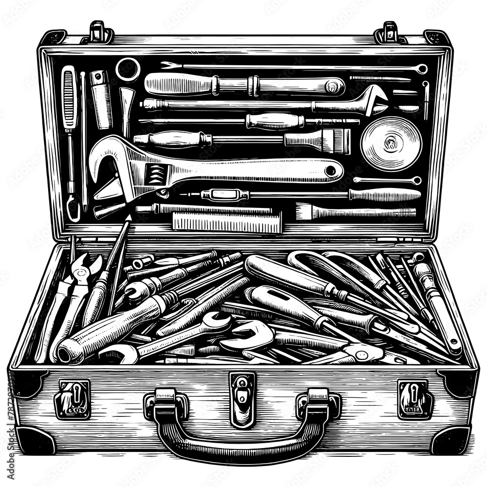 Poster toolbox mechanics open suitcase filled with various hand tools sketch engraving generative ai fictio