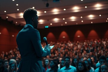 Side view of speaker giving speech at business conference. Audience at the conference hall....