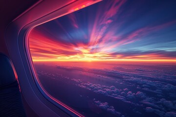 A serene sunset over the horizon, as seen from the comfortable lounge of a plane with vivid colors dancing in the sky, creating a sense of calm , hyper realistic - obrazy, fototapety, plakaty