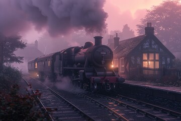 A sense of nostalgia fills the air as a steam locomotive chugs through the early morning fog at a quaint railway station, depicted in vivid realism by an AI art generator , 3D render - obrazy, fototapety, plakaty