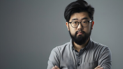 Serious confident young Asian web designer with black beard standing against isolated background and looking at camera : Generative AI