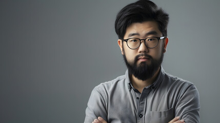 Obraz premium Serious confident young Asian web designer with black beard standing against isolated background and looking at camera : Generative AI