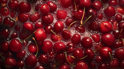 Glistening fresh cherries with water droplets, tightly packed in a full frame shot - Powered by Adobe