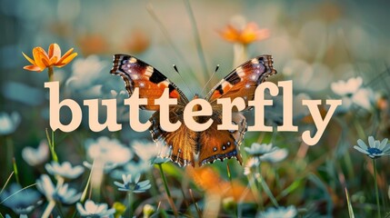 a butterfly sitting on a flower with the word butterfly in the background - obrazy, fototapety, plakaty
