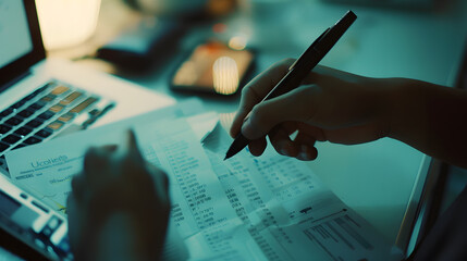 Closeup Of A Businesspersons Hand Calculating Invoice At Workplace : Generative AI