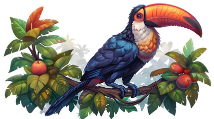 A Tuco Toucan sitting on a branch isolated on a transparent background, PNG, Ai