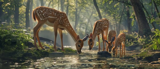 A tender moment as a family of deer quench their thirst from a crystal clear forest stream at dawn - obrazy, fototapety, plakaty