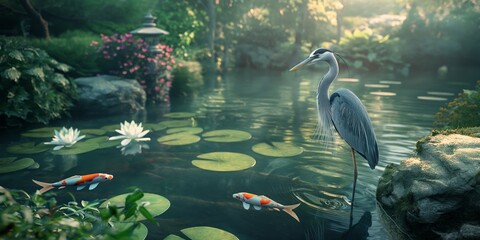 A majestic heron stands still amongst lily pads in a serene pond setting, reflecting a peaceful coexistence
