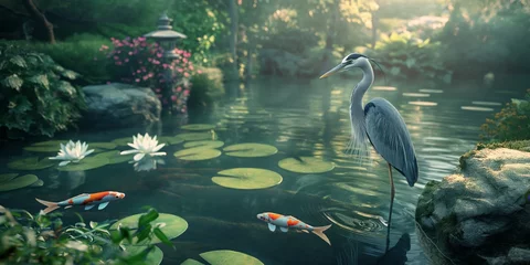Foto op Plexiglas A majestic heron stands still amongst lily pads in a serene pond setting, reflecting a peaceful coexistence © gunzexx