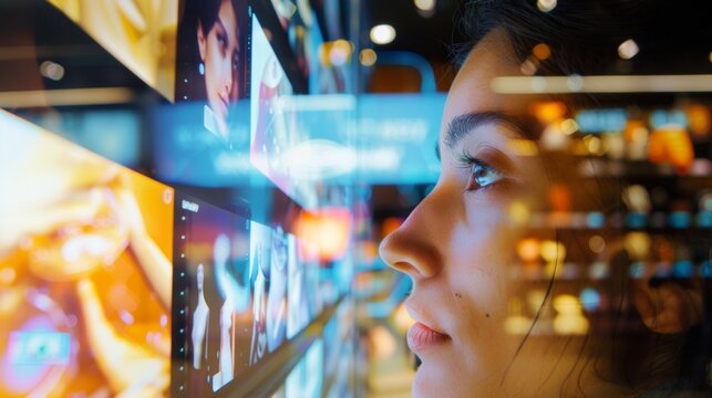 Closeup of a customers profile photo on a stores digital screen as the AR technology creates a personalized shopping experience based on their previous purchases and preferences. .