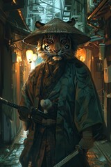 In the dimly lit alley, a mysterious figure emerges wearing a bamboo hat and carrying a gleaming sword  a samurai tiger in disguise , unique hyper-realistic illustrations