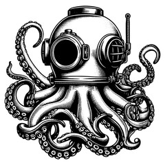 Octopus in diving helmet mechanical and the organic, steampunk diving helmet sketch engraving generative ai PNG illustration. Scratch board imitation. Black and white image.