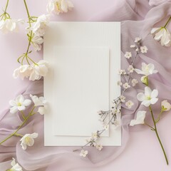 Blank paper with sakura flowers on a lilac background.
