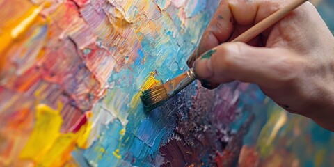 In this close-up shot, a painter's brush lades with vibrant paint strokes across a textured canvas, a moment of creativity captured
