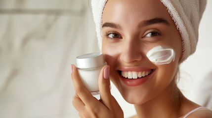 Beautiful smiling young woman applying nourishing, anti-aging face cream to her cheeks, close up photography. Concept: beauty and cosmetics, body and skin care, face cream and mask.