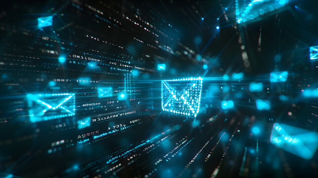 This image depicts futuristic email icons as digital holograms in a high-tech environment
