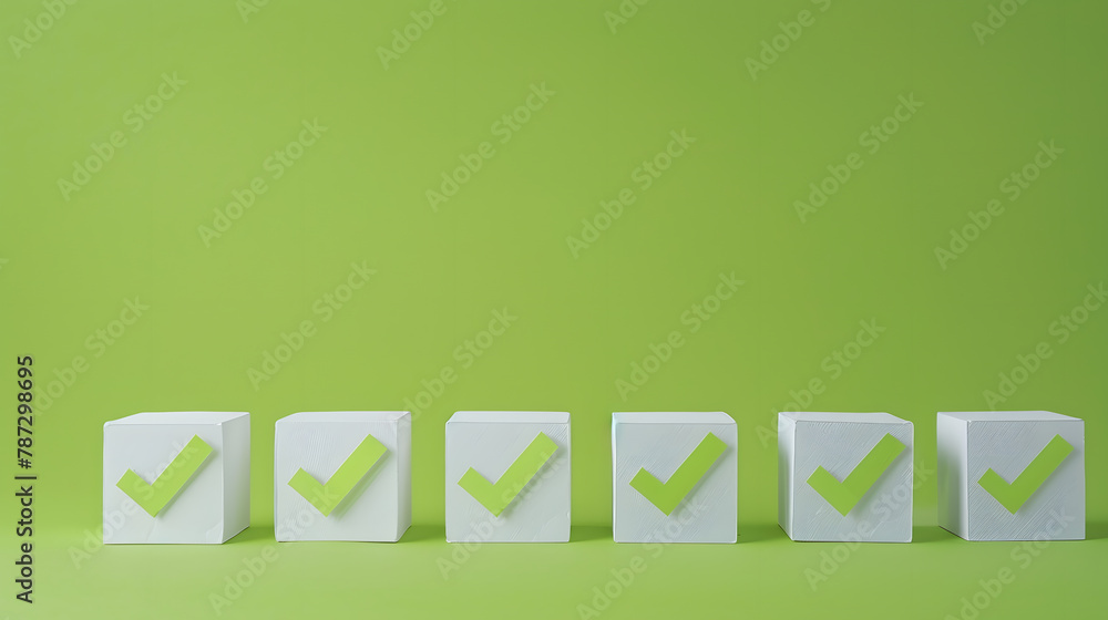 Poster four checkmarks on white cubes against bright green background with copy space concept of questionar