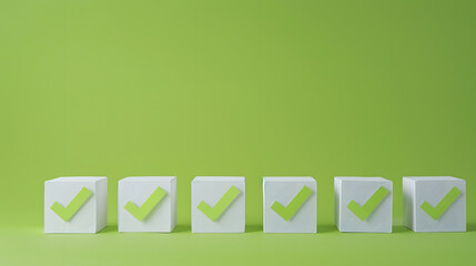 Four checkmarks on white cubes against bright green background with copy space Concept of questionary checklist to do list planning business or verification Creative minimal compositio : Generative AI