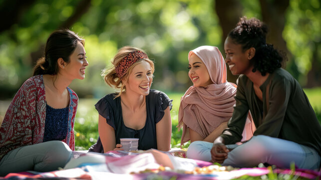 Group Of Young Women Friends Of Diverse Ethnicities Enjoying A Sunny Picnic In The Park