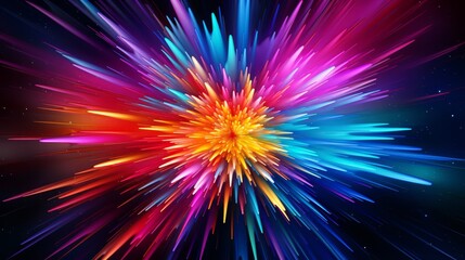 Abstract starburst in neon colors, radiating from a central point with dynamic energy