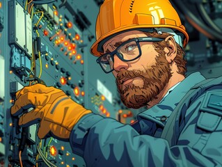 Cartoon bearded electrician working on a circuit, safety gear and tools background