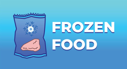 Frozen food supermarket banner poster sign age illustration isolated on horizontal gradient blue background. Simple flat styled drawing.