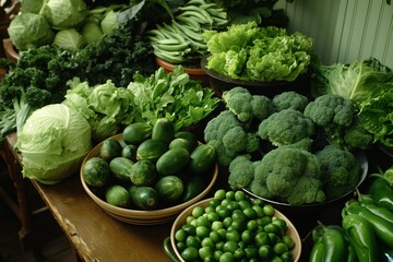 AI-generated illustration of fresh green vegetables arranged on a wooden table