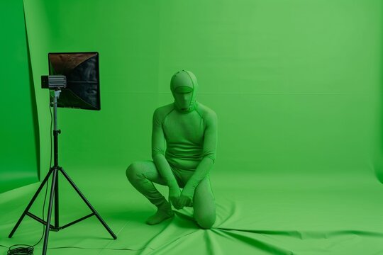 AI-generated illustration of a man in a green screen suit kneeling against a green background