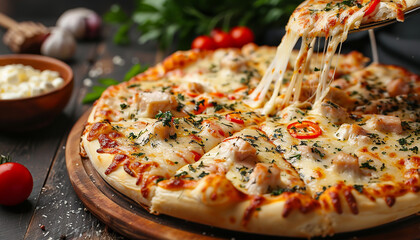 Italian pizza slice with stretching cheese generated by AI