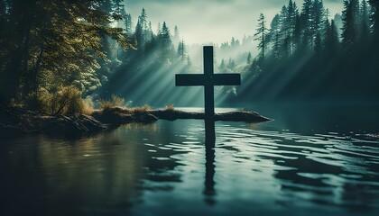 cross above the water surface - obrazy, fototapety, plakaty