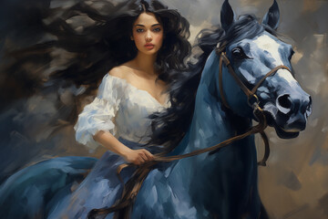 oil painting of a beautiful girl in a blue dress riding a horse,art design - 787299091