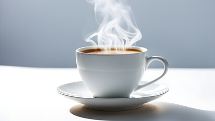 A cup of coffee placed on the table, steaming hot, leisurely living