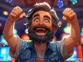 Cartoon bearded man in a victory lap around the casino, winning streak, gaming floor excitement
