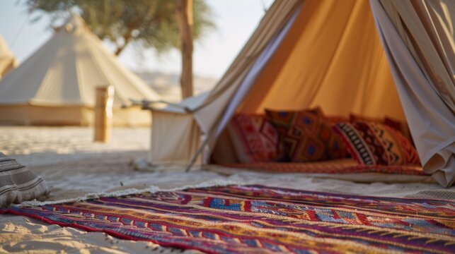 Experience a true cultural immersion with our authentic Bedouin sleeping experience complete with traditional Arab tents and cozy rugs. 2d flat cartoon.