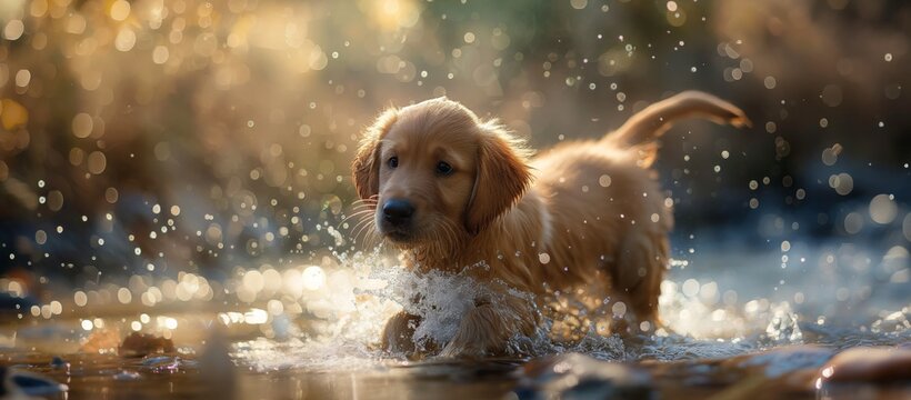 Joyful moment captured as a spirited dog with a paper bag on its head splashes through water, evoking a playful and carefree scene