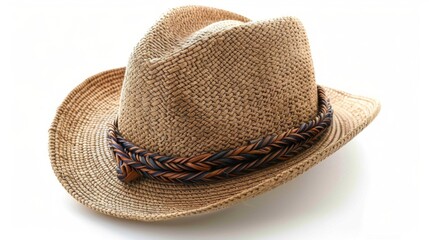 a straw hat with a braid band on a white background