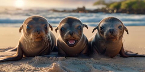 Adorable triplet seal pups lounging on a sandy beach with the ocean behind them as the sun sets in the background - obrazy, fototapety, plakaty