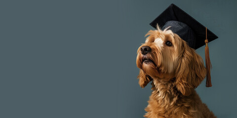 Dog wearing Graduation Cap on a Blue Background with Space for Copy