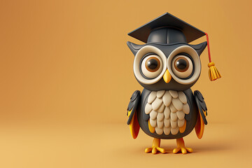Cute Cartoon Owl with Graduation Cap and Space for Copy