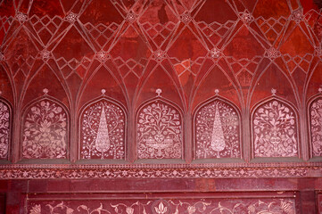 Paintings on the inner wall of the Jawab Masjid or Taj Mahal Mosque in Taj Mahal Complex, Agra,...