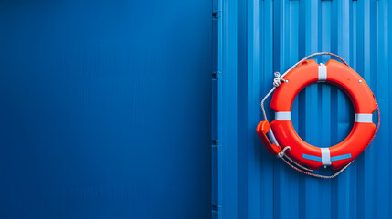Lifebuoy with blue containers on blue background with copy space Marine cargo shipment or freight insurance in global shipping and logistic industry Insurance is risk management contro : Generative AI