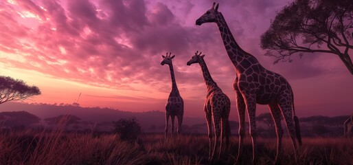 A serene view of two giraffes in the savanna with a breathtaking pink sunset sky, conveying the beauty of the wild - obrazy, fototapety, plakaty