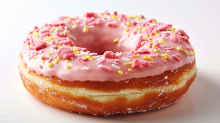 a pink frosted doughnut with sprinkles on a white surface