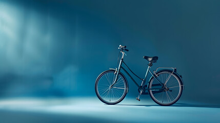 Fototapeta na wymiar The bicycle stands against the background of a blue wall copy space High quality photo : Generative AI