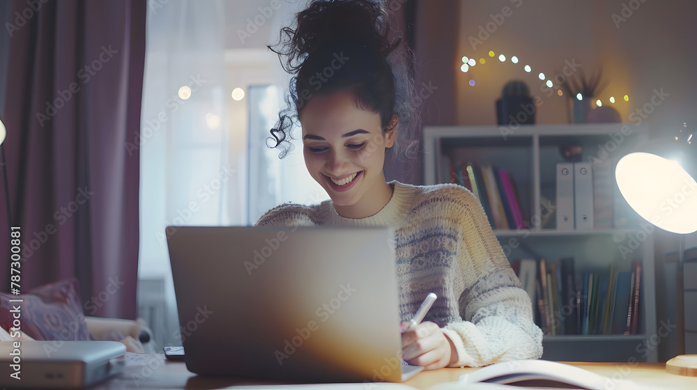 Poster portrait of smiling woman sitting at desk using laptop and writing in notebook taking notes watching