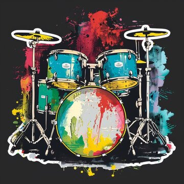a drum kit with paint splatters on a black background