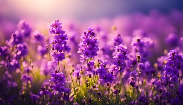 Spring flowering bloom wallpaper. Many lilac purple wild flowers in forest on glade glow in sun on a dark background macro soft focus. Spring templates, amazing magic artistic image	